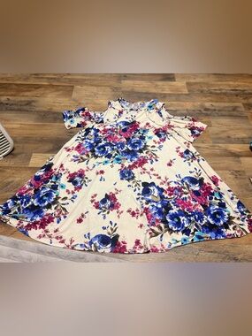 Bellamie Plus Floral Cold Shoulder Swing Dress Blue Pink Cream Boho Tunic